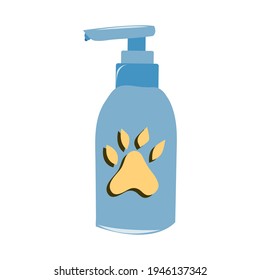 Liquid pet soap in a blue plastic bottle. Accessory for pets. Animal care item isolated on white background. Vector cartoon illustration.