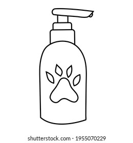 Liquid pet soap in plastic bottle doodle. Accessory for pets hand drawing. Animal care icon isolated on white background. Vector illustration.