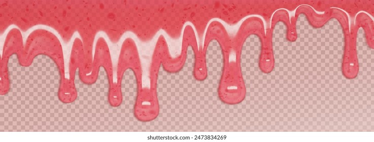 Liquid pink berry jam or sweet syrup drip border on transparent background. Realistic vector illustration of melted fruit dessert sauce decoration. Smooth pouring flow strawberry jelly juice.