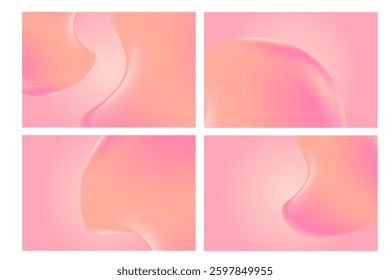 Liquid pink inflated blobs shape, light pink, nude peach gradient background with copy space. Fluid iridescent bubbles close up cosmetic gel, serum texture. Elegant beauty presentation.
