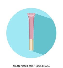 Liquid pink lipstick or lip balm vector icon isolated on blue background. Decorative cosmetics
