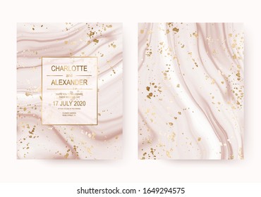 Liquid pink marble wedding invitation cards with gold foil splatter texture.