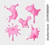 Liquid pink slime blot set. Realistic slimy stains with drops. Different shapes of sticky dripping toxic mucus. Isolated abstract textures. Alien splashes, jelly, gelatin. Vector clip art.