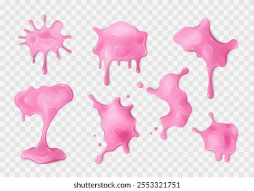 Conjunto de manchas de limo rosa líquido. Manchas babosas realistas con gotas. Diferentes Formas de moco tóxico goteante pegajoso. Texturas abstractas aisladas. Salpicaduras alienígenas transparentes, gelatina, gelatina. Vector Clip arte