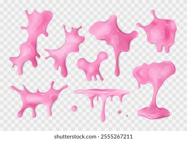 Liquid pink slime blots set. Realistic slimy stains with drops. Different shapes of sticky dripping toxic mucus. Isolated abstract textures. Transparent alien splashes, jelly, gelatin. Vector clip art