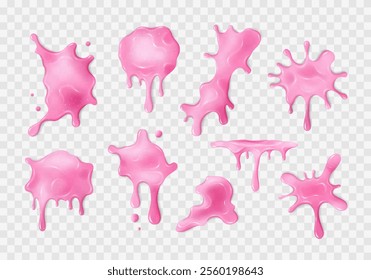 Liquid pink slime blots set. Realistic slimy stains with drops. Different shapes of sticky dripping toxic mucus. Isolated abstract textures. Transparent alien splashes, jelly, gelatin. Vector clip art