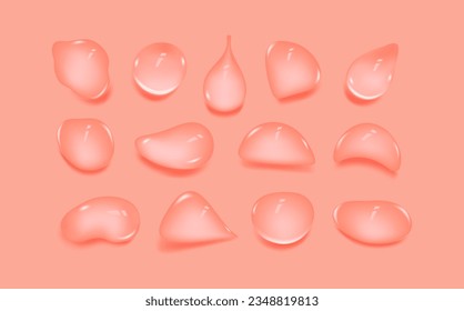 Liquid pink wet drops of gel or collagen.Spilled puddles of cosmetic serum or water. Round clean swatch of essence lotion or jelly for skin care.Beauty background with oil drops.