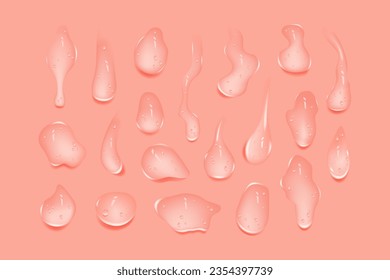 Gotas húmedas de gel o colágeno rosado líquido.Cifras derramadas de suero o agua cosmética. Reloj redondo limpio de loción de esencia o gelatina para el cuidado de la piel. Fondo de belleza con gotas de aceite.