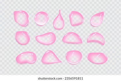 Gotas húmedas de gel o colágeno rosado líquido.Cifras derramadas de suero o agua cosmética. Reloj redondo limpio de loción de esencia o gelatina para el cuidado de la piel. Fondo de belleza con gotas de aceite.