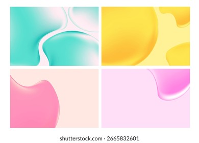 Liquid pink, yellow, blue 3D inflated blobs shape, gradient background with copy space. Fluid iridescent fluid water texture, close up cosmetic gel, serum texture. Elegant beauty presentation.