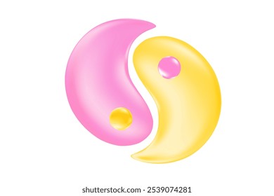 Liquid pink, yellow yin yang icon with glowing glass texture isolated, transparent background. Asian or Chinese design element for yoga, balance, self control, relaxation