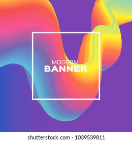 Liquid Poster. Bright Colorful Wave Smoke Shapes with Square frame. Space for text. Abstract Colorful Dynamic Effect on purple. Modern Template Banner.