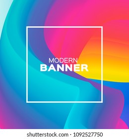 Liquid Poster. Bright Colorful Wave Smoke Shapes with Square frame. Space for text. Abstract Dynamic Effect on purple blue. Modern Template Banner. Vector