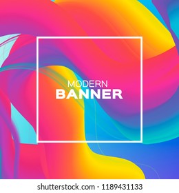 Liquid Poster. Bright Colorful Wave Smoke Shapes with Square frame. Space for text. Abstract Colorful Dynamic Effect on blue. Modern Template Banner.
