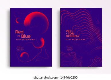 Liquid poster design template in duotone gradients. Cover design with red and blue fluid color shapes composition. Futuristic design for flyer.