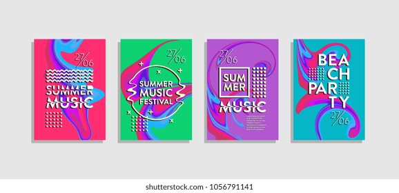 Liquid poster ink abstract set. Summer music festival and beach party template. Hipster trendy memphis colorful creative.
