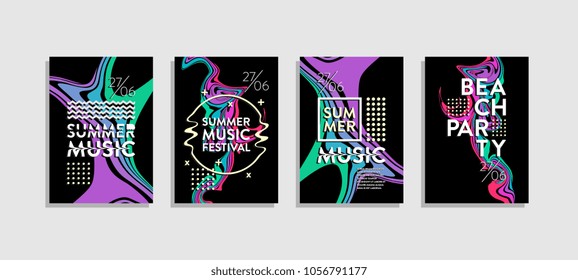 Liquid poster ink abstract set. Summer music festival and beach party template. Hipster trendy memphis colorful creative.