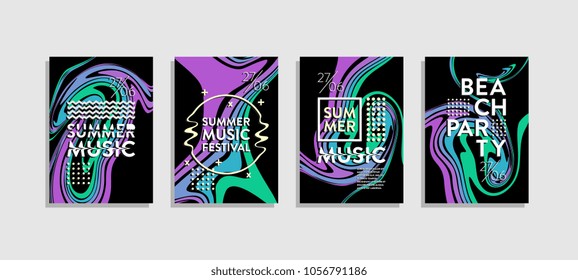 Liquid poster ink abstract set. Summer music festival and beach party template. Hipster trendy memphis colorful creative.