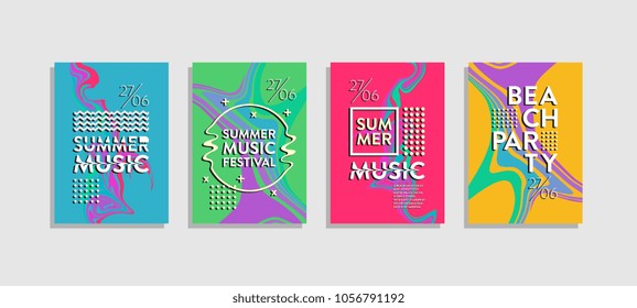 Liquid poster ink abstract set. Summer music festival and beach party template. Hipster trendy memphis colorful creative.