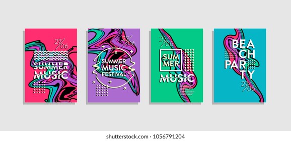 Liquid poster ink abstract set. Summer music festival and beach party template. Hipster trendy memphis colorful creative.