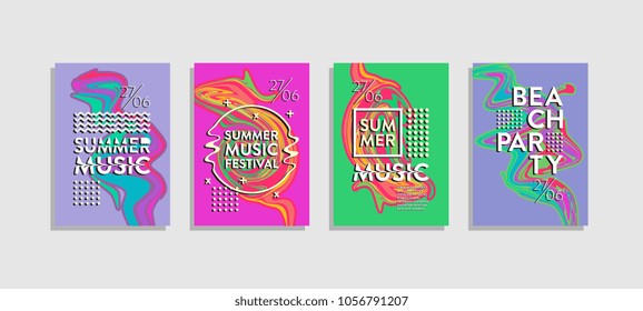 Liquid poster ink abstract set. Summer music festival and beach party template. Hipster trendy memphis colorful creative.