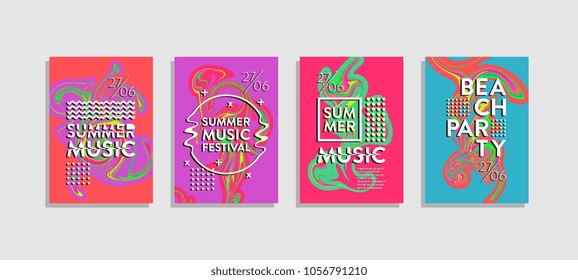 Liquid poster ink abstract set. Summer music festival and beach party template. Hipster trendy memphis colorful creative.