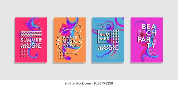 Liquid poster ink abstract set. Summer music festival and beach party template. Hipster trendy memphis colorful creative.