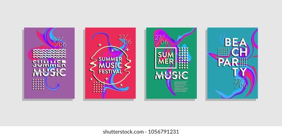 Liquid poster ink abstract set. Summer music festival and beach party template. Hipster trendy memphis colorful creative.