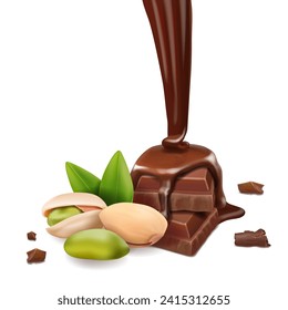 Liquid pouring chocolate Broken chocolate bars with Pistachio nuts on white background, 3d realistic vector