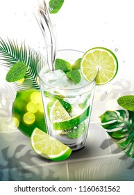 Liquid pouring into mojito with lime and mints on tropical leaves background in 3d illustration