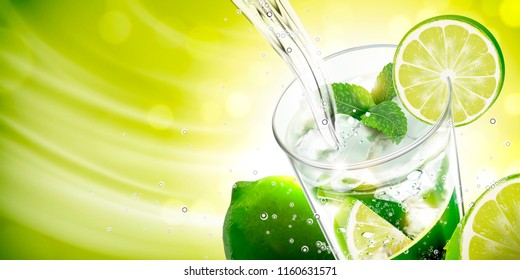 Liquid pouring into mojito with lime and mints on green background in 3d illustration