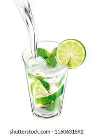 Liquid pouring into mojito with lime and mints on white background in 3d illustration