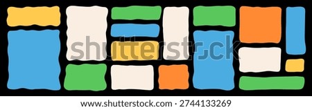 Liquid rectangle organic shapes. Decorative square frames with irregular edges. Funky geometric blocks for text. Multi-color figures for callouts. Abstract hand-drawn background elements isolated.