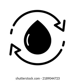 Liquid Recycle Icon In Flat. Planet Bio Protection Circle Symbol. Water Drop Icon With Arrows In Black Weather Symbol Isolated On White Black Round Raindrop Vector Illustration For Graphic Design, Web