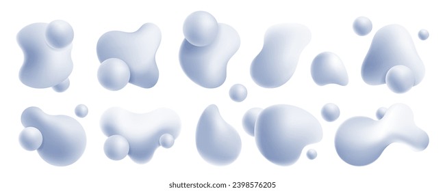 Liquid render shapes. Abstract flowing abstract elements with glossy bubbles. Vector water splash dynamic isolated set. Floating aqua fluid and organic blobs composition collection