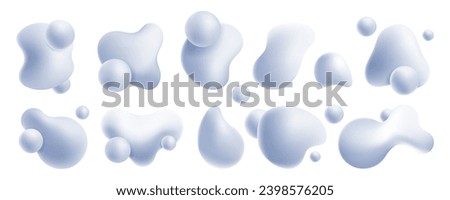 Liquid render shapes. Abstract flowing abstract elements with glossy bubbles. Vector water splash dynamic isolated set. Floating aqua fluid and organic blobs composition collection