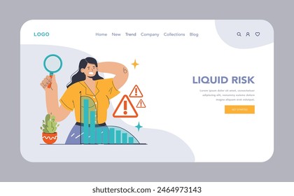 Liquid Risk concept. Analyst scrutinizes financial liquidity barriers with a magnifying glass, amid warning signs. Insightful investigation of market volatility. Flat vector illustration