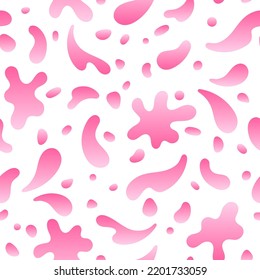 Liquid, rounded gradient pink, rose shapes seamless repeat vector pattern. Splashes with uneven, rounded fluid wavy edge. Paint spot, blot, puddle, stain with drops, blobs. Endless background.