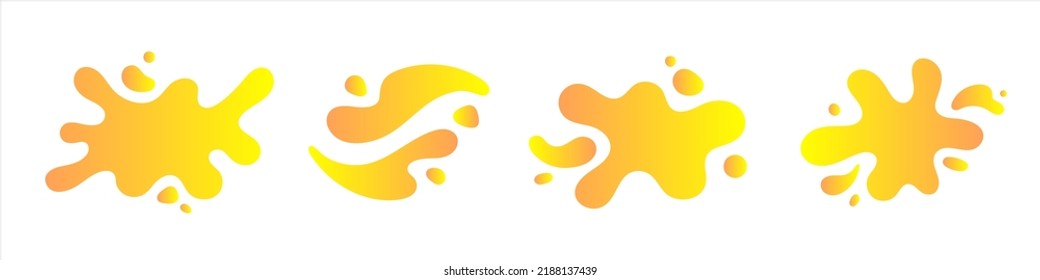 Liquid, rounded gradient yellow shapes set, splashes collection with uneven fluid wavy edge. Paint spot, blot, honey puddle, stain with drops, blobs. Graphic design elements, text backgrounds.