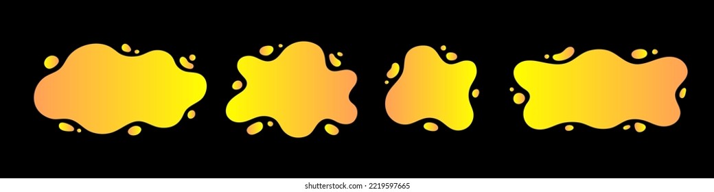 Liquid, rounded gradient yellow shapes set, splashes collection with uneven fluid wavy edge. Graphic design elements, text backgrounds. Paint spots, blots, honey puddles, stains with drops, blobs.