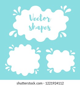 Liquid rounded shapes, frames with uneven wavy edge, contour. Water, fluid, paint, milk puddle, stain, blot with splashes, drops, blobs, droplets. Design elements, backgrounds for text, lettering.