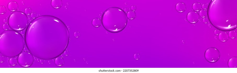 Suero líquido, textura de aceite cosmético con burbujas sobre fondo morado. Producto de cuidado de la piel con gotas glosas, superficie de agua de jabón, ilustración vectorial realista