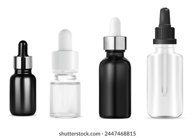 Liquid serum dropper bottle. Essential oil treatment container, vector mockup. Set of eyedropper flask for collagen beauty product, black and white design. Pipette bottle template