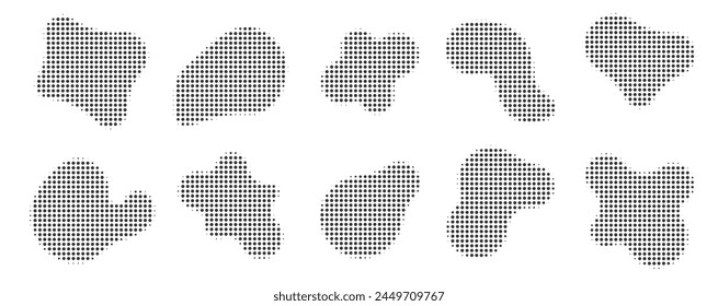 Liquid shape with dotted halftones gradient texture. Abstract templates for retro or modern design. Vector illustration on transparent background.