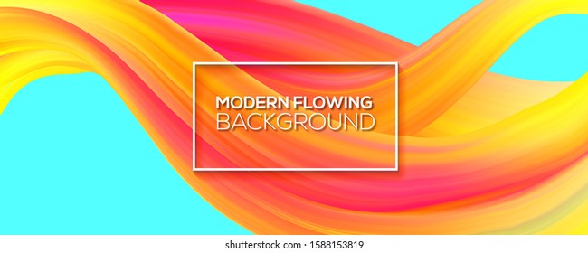Liquid shape flowing on blue background. Modern colorful poster. Background with abstract waves color flows. Art design with brush strokes for cover, banner, leaflet. 3d vector illustration EPS10