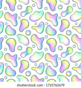 Liquid shape with rainbow gradient on white background. Frequent abstract seamless pattern. Pastel color floating paint blob. Holographic abstraction for wallpaper or surface design. 3D bloat texture