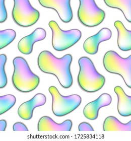 Liquid shape with rainbow gradient on white background. Fresh abstract seamless pattern. Pastel color floating paint blob. Holographic abstraction for wallpaper or surface design. 3D bloat texture