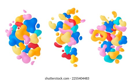 Liquid shapes 3d abstract compositions. Colorful plastic or plasticine blobs and drops. Multicolor bubbles party design. Modern fluid floating pithy vector elements