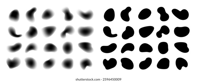 Liquid shapes, abstract forms with gradient noise gradation. Vector isolated set of silhouettes of watercolor style. Grain blobs or splashes of water, effect for motion design, blurry collection