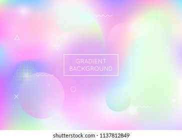 Liquid shapes background with dynamic fluid. Holographic bauhaus gradient with memphis elements. Graphic template for brochure, banner, wallpaper, mobile screen. Pearlescent liquid shapes background.